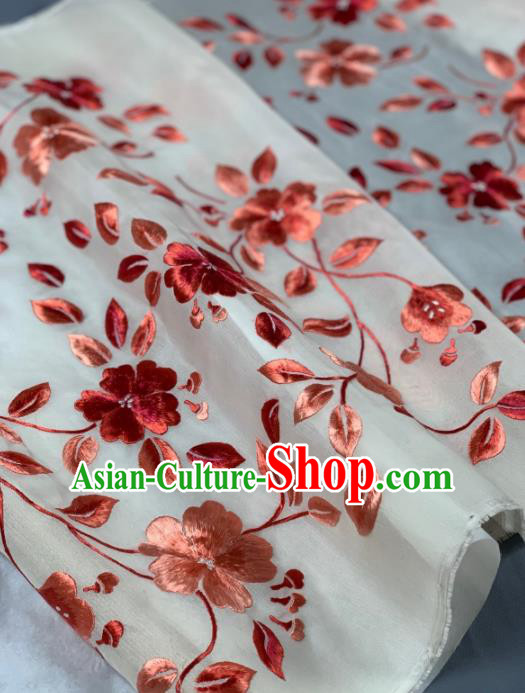 Chinese Classical Embroidered Peach Blossom Pattern Design White Silk Fabric Asian Traditional Hanfu Brocade Material