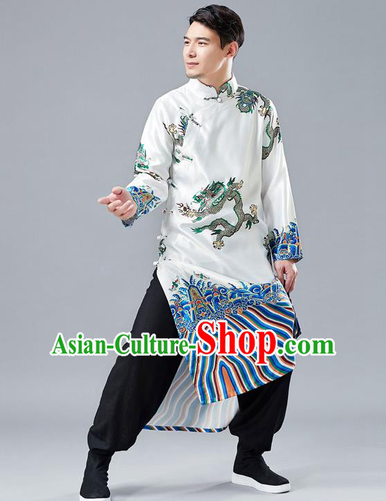Top Chinese Tang Suit Printing Dragon White Robe Traditional Republic of China Kung Fu Gown Costumes for Men