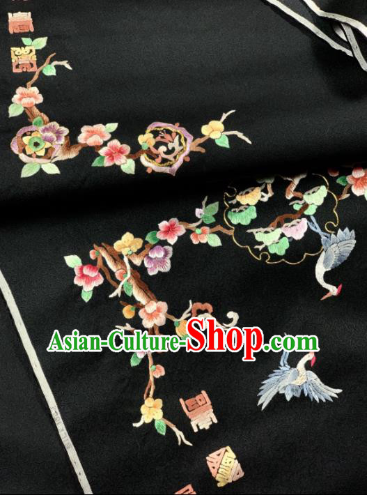 Chinese Classical Embroidered Crane Pattern Design Black Silk Fabric Asian Traditional Hanfu Brocade Material