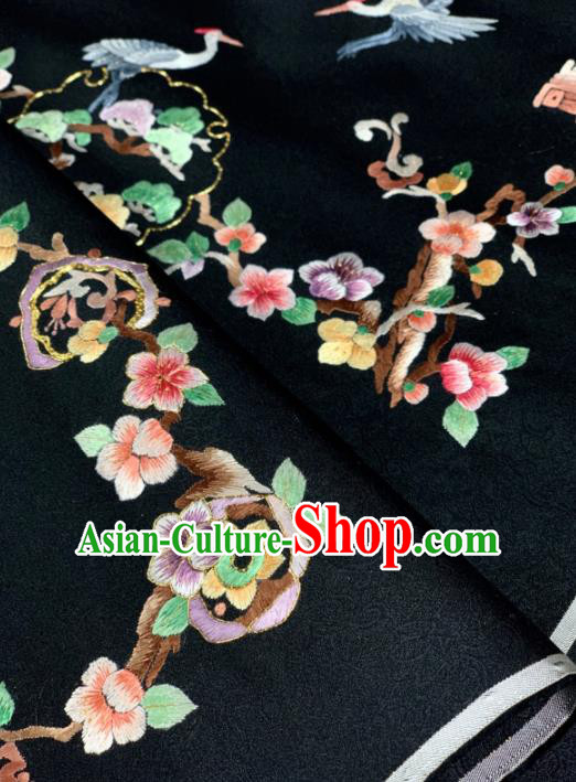 Chinese Classical Embroidered Crane Pattern Design Black Silk Fabric Asian Traditional Hanfu Brocade Material