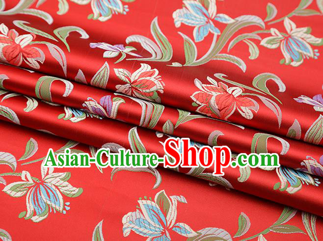 Chinese Traditional Daffodil Pattern Red Brocade Fabric Cheongsam Satin Tapestry Drapery