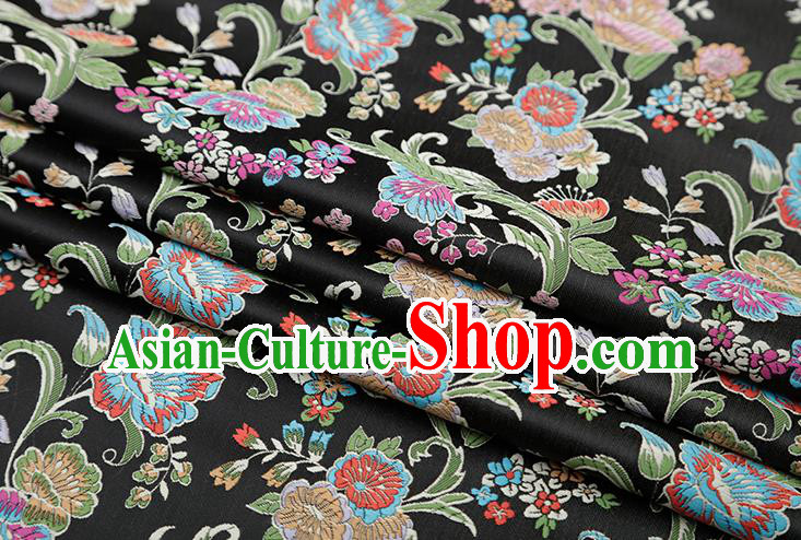 Chinese Traditional Phalaenopsis Pattern Black Brocade Fabric Cheongsam Satin Tapestry Drapery