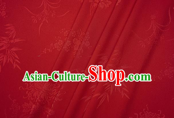 Chinese Traditional Plum Orchid Bamboo Chrysanthemum Pattern Design Red Brocade Fabric Hanfu Dress Satin Drapery