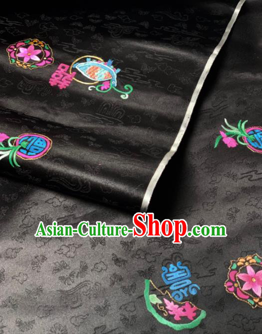 Chinese Classical Embroidered Orchid Pattern Design Black Silk Fabric Asian Traditional Hanfu Brocade Material