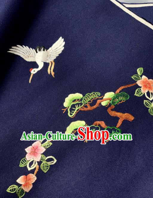 Chinese Classical Embroidered Crane Pine Pattern Design Navy Silk Fabric Asian Traditional Hanfu Brocade Material