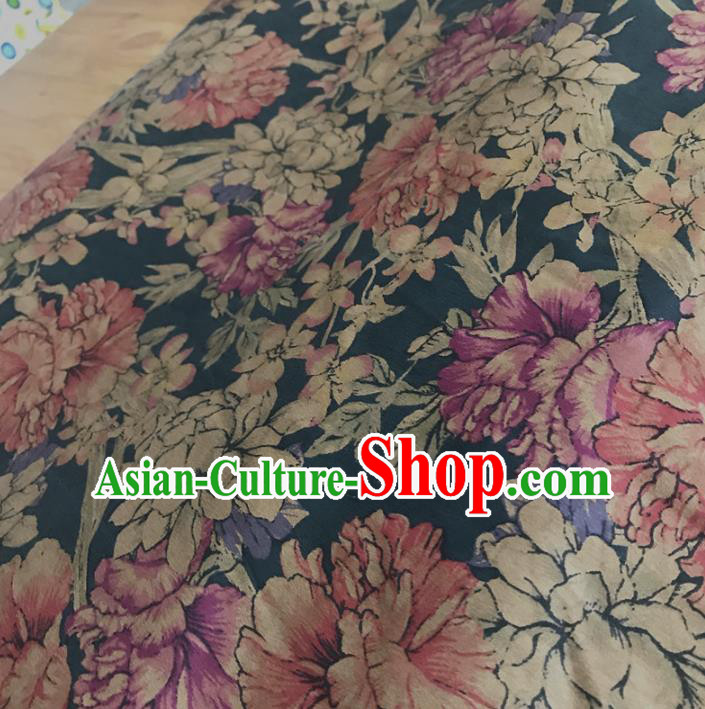 Chinese Traditional Flowers Design Pattern Navy Silk Fabric Cheongsam Mulberry Silk Drapery