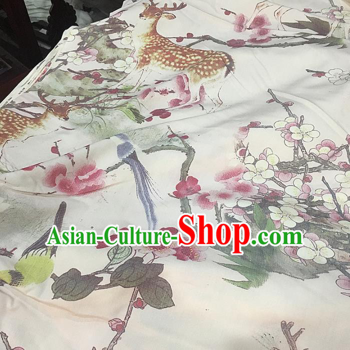 Chinese Traditional Plum Deer Design Pattern White Silk Fabric Cheongsam Mulberry Silk Drapery