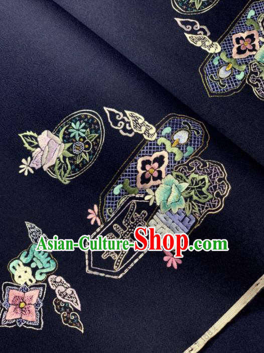 Chinese Classical Embroidered Pattern Design Navy Silk Fabric Asian Traditional Hanfu Brocade Material