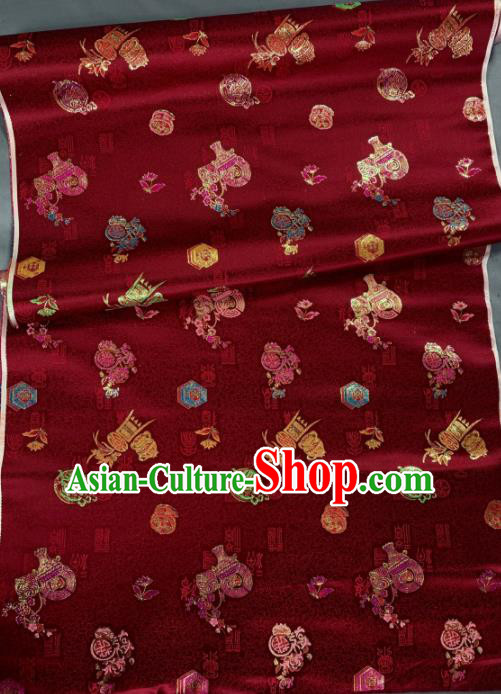 Chinese Classical Plum Orchid Pattern Design Wine Red Silk Fabric Asian Traditional Hanfu Brocade Material