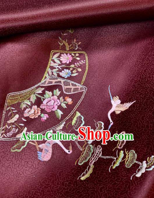 Chinese Classical Embroidered Crane Peony Pattern Design Wine Red Silk Fabric Asian Traditional Hanfu Brocade Material