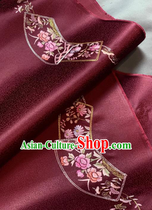 Chinese Classical Embroidered Crane Peony Pattern Design Wine Red Silk Fabric Asian Traditional Hanfu Brocade Material