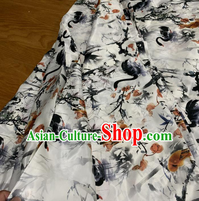 Chinese Traditional Swan Design Pattern White Silk Fabric Cheongsam Mulberry Silk Drapery