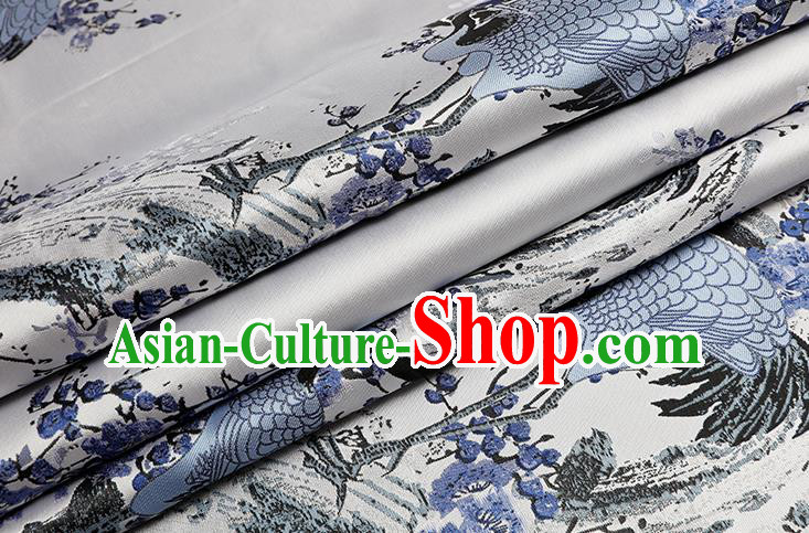 Chinese Traditional Plum Crane Pattern White Brocade Fabric Cheongsam Tapestry Drapery