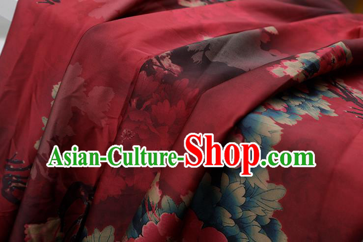 Chinese Traditional Peony Flowers Design Pattern Red Silk Fabric Cheongsam Mulberry Silk Drapery