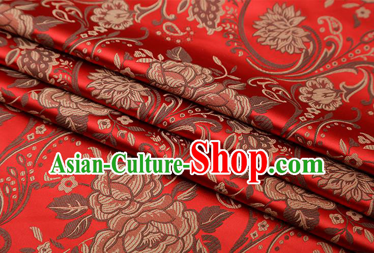 Chinese Traditional Twine Peony Lotus Pattern Red Brocade Fabric Cheongsam Tapestry Drapery