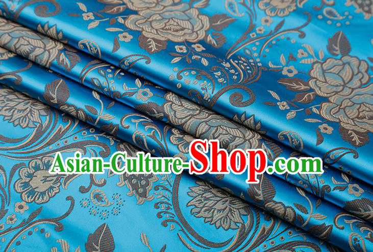 Chinese Traditional Twine Peony Lotus Pattern Blue Brocade Fabric Cheongsam Tapestry Drapery
