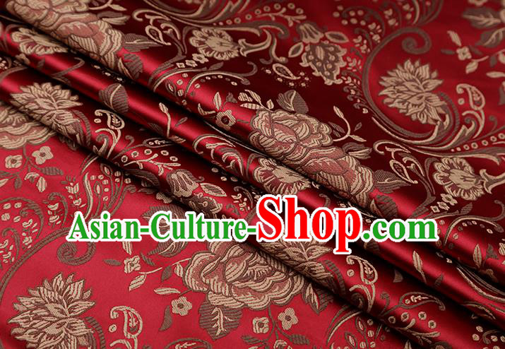 Chinese Traditional Twine Peony Lotus Pattern Wine Red Brocade Fabric Cheongsam Tapestry Drapery