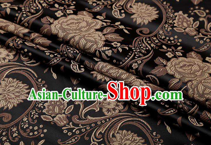 Chinese Traditional Twine Peony Lotus Pattern Black Brocade Fabric Cheongsam Tapestry Drapery