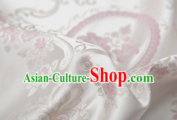 Chinese Traditional Jacquard Flowers Pattern White Brocade Fabric Cheongsam Satin Tapestry Drapery
