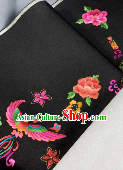 Chinese Classical Phoenix Peony Pattern Design Black Silk Fabric Asian Traditional Hanfu Brocade Material