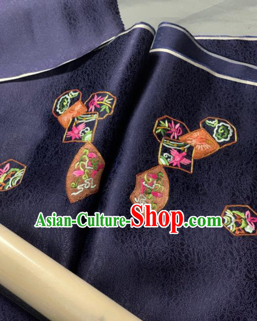 Chinese Classical Crane Pattern Design Navy Silk Fabric Asian Traditional Hanfu Brocade Material