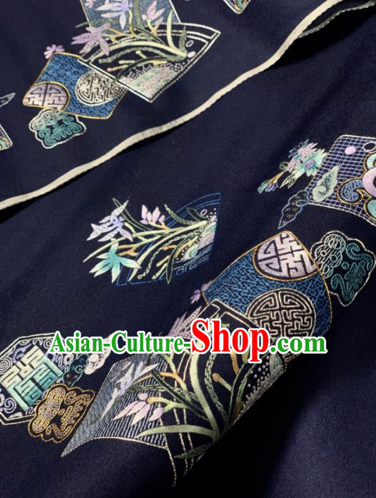 Chinese Classical Embroidered Orchid Pattern Design Navy Silk Fabric Asian Traditional Hanfu Brocade Material