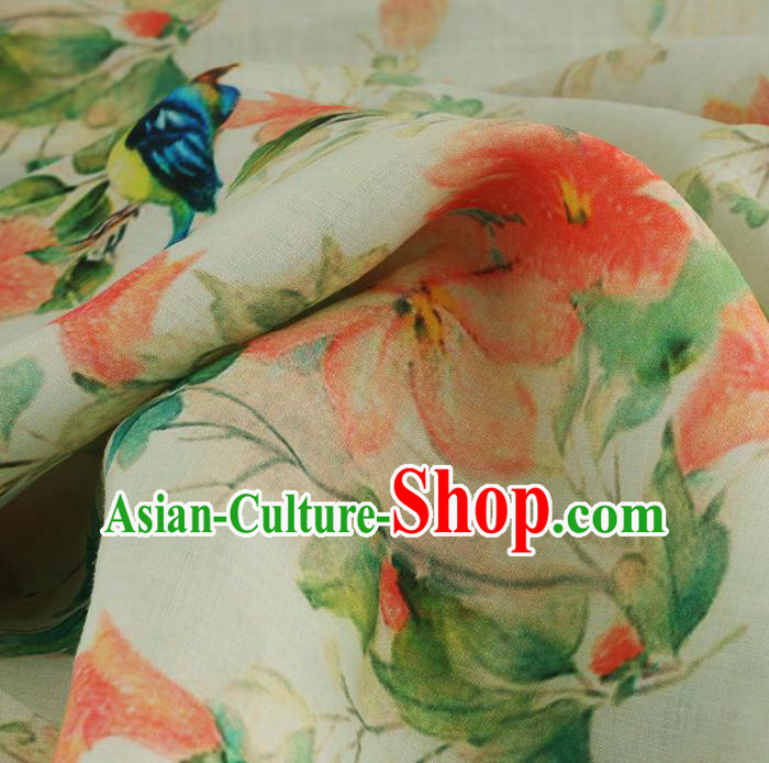 Chinese Traditional Azalea Design Pattern Beige Ramie Fabric Cheongsam Ramee Drapery