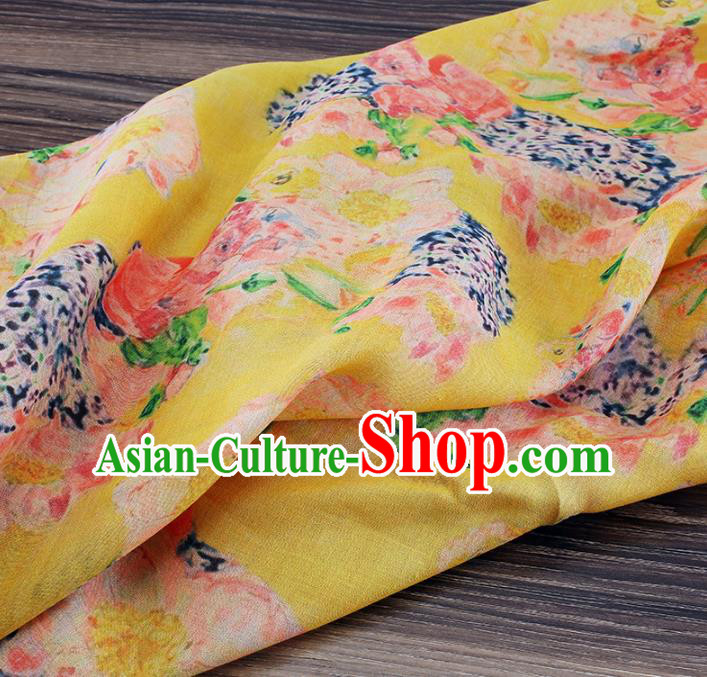 Chinese Traditional Flowers Design Pattern Yellow Ramie Fabric Cheongsam Ramee Drapery