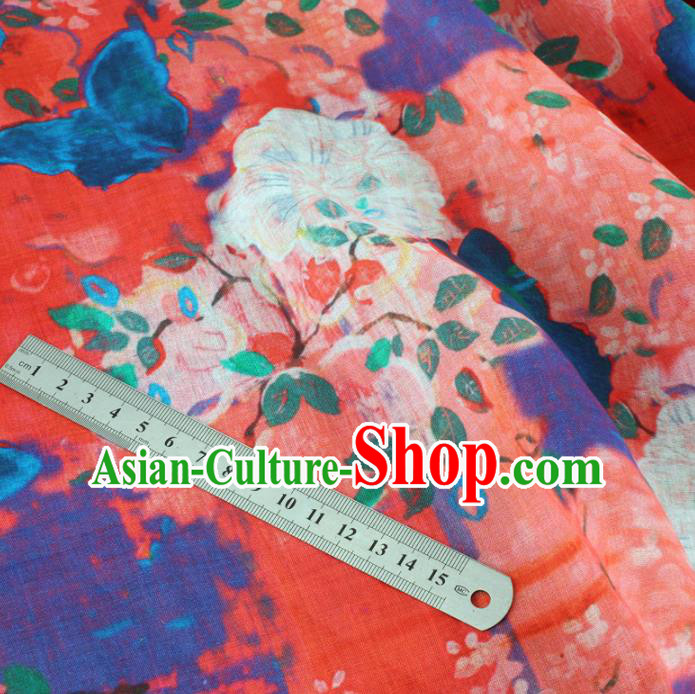 Chinese Traditional Butterfly Flowers Design Pattern Red Ramie Fabric Cheongsam Ramee Drapery