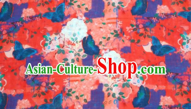 Chinese Traditional Butterfly Flowers Design Pattern Red Ramie Fabric Cheongsam Ramee Drapery