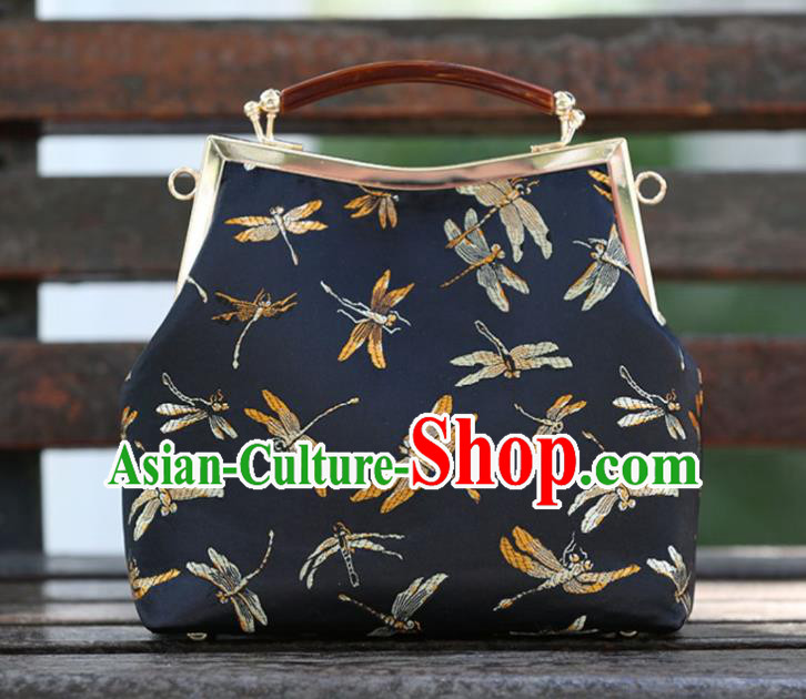 Chinese Traditional Dragonfly Pattern Black Brocade Bag Handmade Cheongsam Handbag for Women