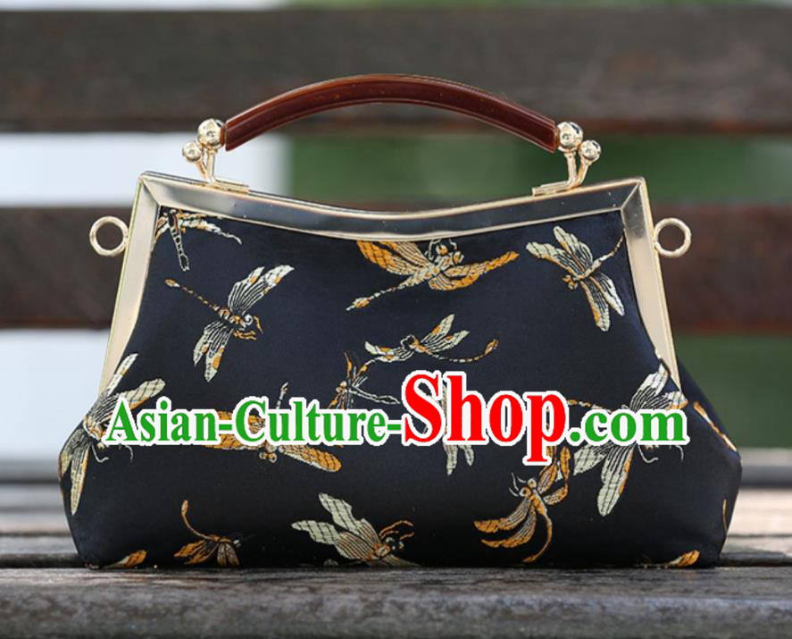 Chinese Traditional Dragonfly Pattern Black Brocade Bag Handmade Cheongsam Short Handbag for Women