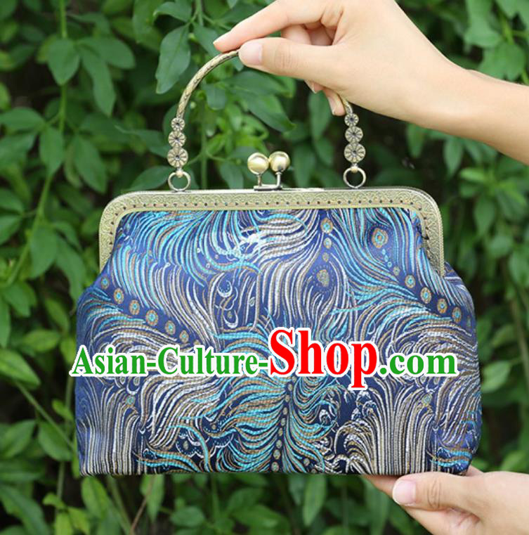 Chinese Traditional Feather Pattern Blue Brocade Bag Handmade Cheongsam Handbag for Women