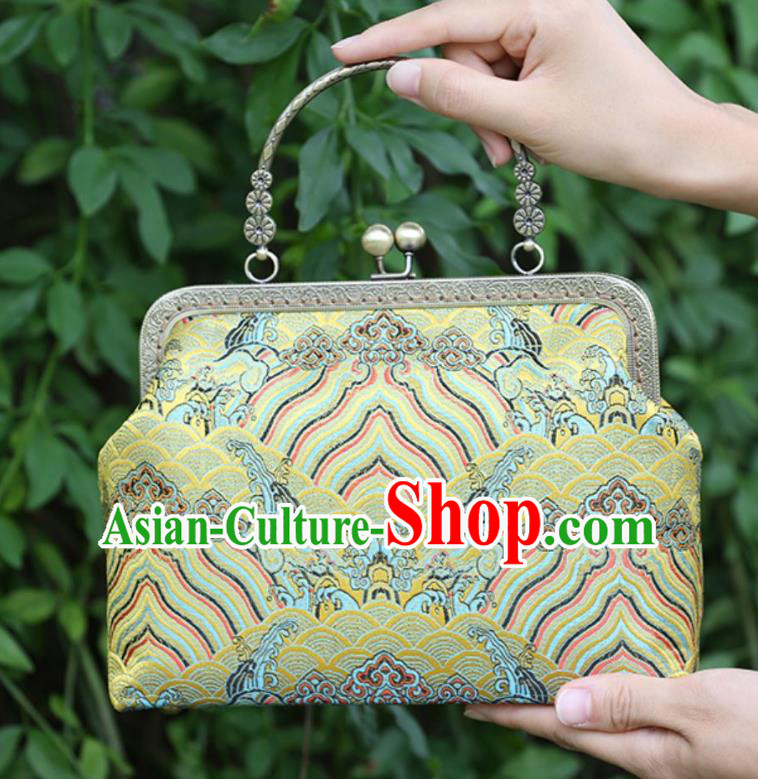 Chinese Traditional Wave Pattern Yellow Brocade Bag Handmade Cheongsam Handbag for Women
