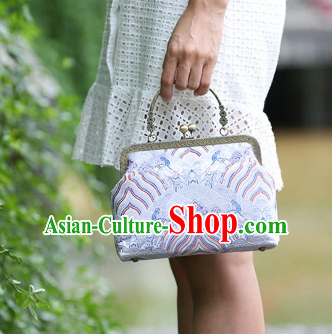 Chinese Traditional Wave Pattern White Brocade Bag Handmade Cheongsam Handbag for Women