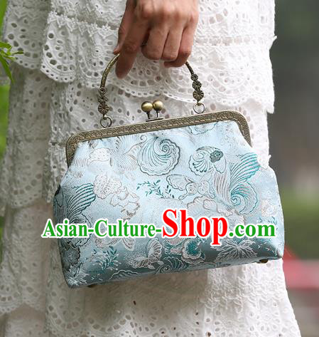 Chinese Traditional Butterfly Orchid Pattern Blue Brocade Bag Handmade Cheongsam Silk Handbag for Women
