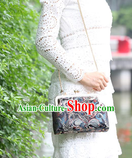 Chinese Traditional Butterfly Orchid Pattern Black Brocade Bag Handmade Cheongsam Silk Handbag for Women