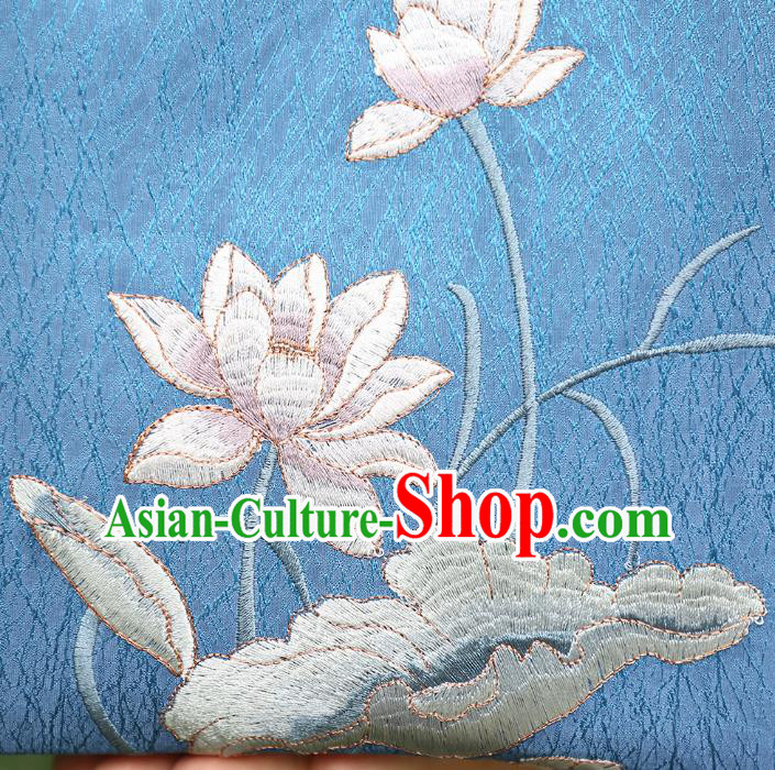 Chinese Traditional Embroidered Lotus Pattern Blue Brocade Bag Handmade Cheongsam Silk Handbag for Women