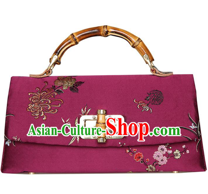 Chinese Traditional Plum Orchid Bamboo Chrysanthemum Pattern Wine Red Brocade Handmade Cheongsam Handbag for Women