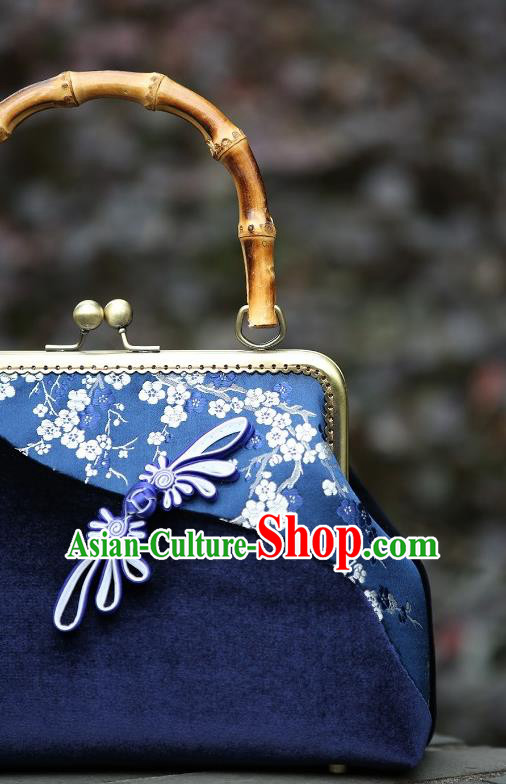 Chinese Traditional Plum Blossom Pattern Royalblue Brocade Bag Handmade Cheongsam Pleuche Handbag for Women