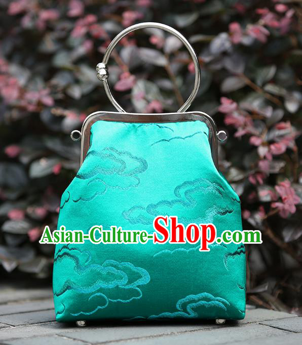 Chinese Traditional Cloud Pattern Green Brocade Bag Handmade Cheongsam Silk Handbag for Women
