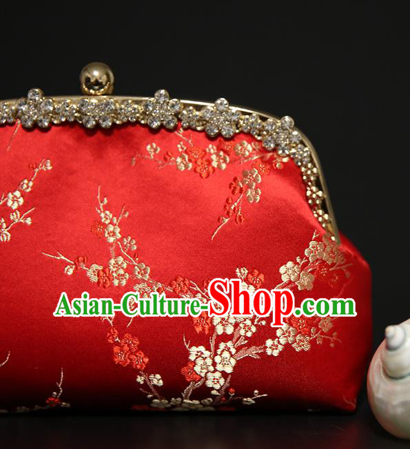 Chinese Traditional Plum Pattern Red Brocade Bag Handmade Cheongsam Silk Handbag for Women