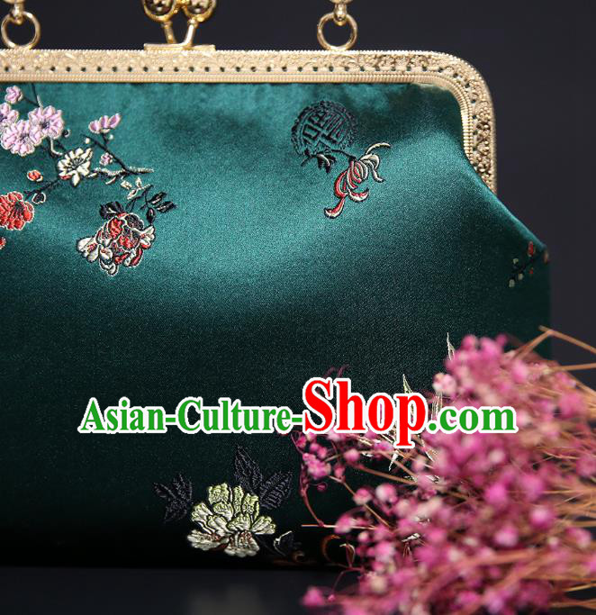 Chinese Traditional Plum Bamboo Peony Pattern Deep Green Brocade Bag Handmade Cheongsam Silk Handbag for Women