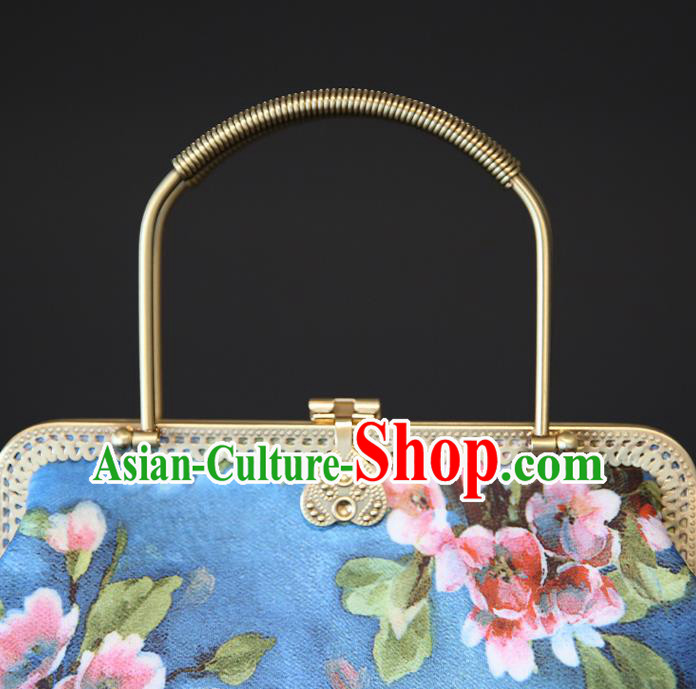 Chinese Traditional Flower Bird Pattern Blue Brocade Bag Handmade Cheongsam Silk Handbag for Women