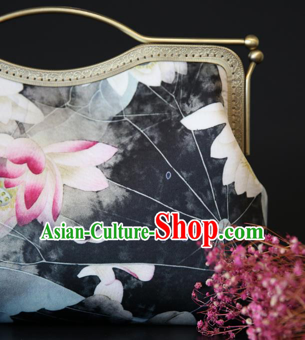 Chinese Traditional Lotus Pattern Grey Brocade Bag Handmade Cheongsam Silk Handbag for Women
