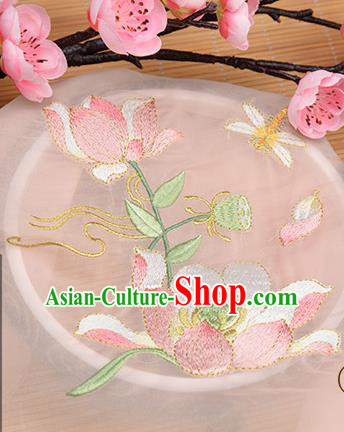 Chinese Traditional Embroidered Lotus Pink Chiffon Applique Accessories Embroidery Patch