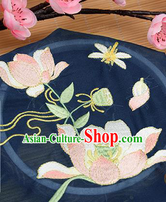 Chinese Traditional Embroidered Lotus Navy Chiffon Applique Accessories Embroidery Patch