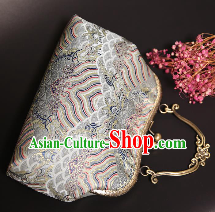 Chinese Traditional Waves Pattern Light Grey Brocade Bag Handmade Cheongsam Silk Handbag for Women