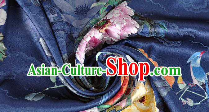 Chinese Classical Peony Pattern Design Navy Silk Fabric Asian Traditional Hanfu Mulberry Silk Material