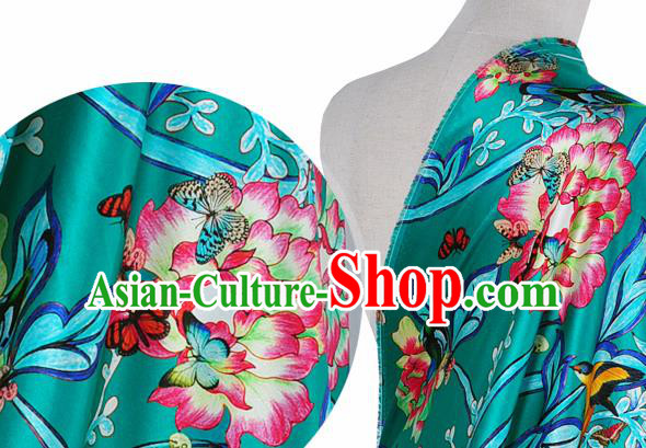 Chinese Classical Twine Peony Pattern Design Green Silk Fabric Asian Traditional Hanfu Mulberry Silk Material